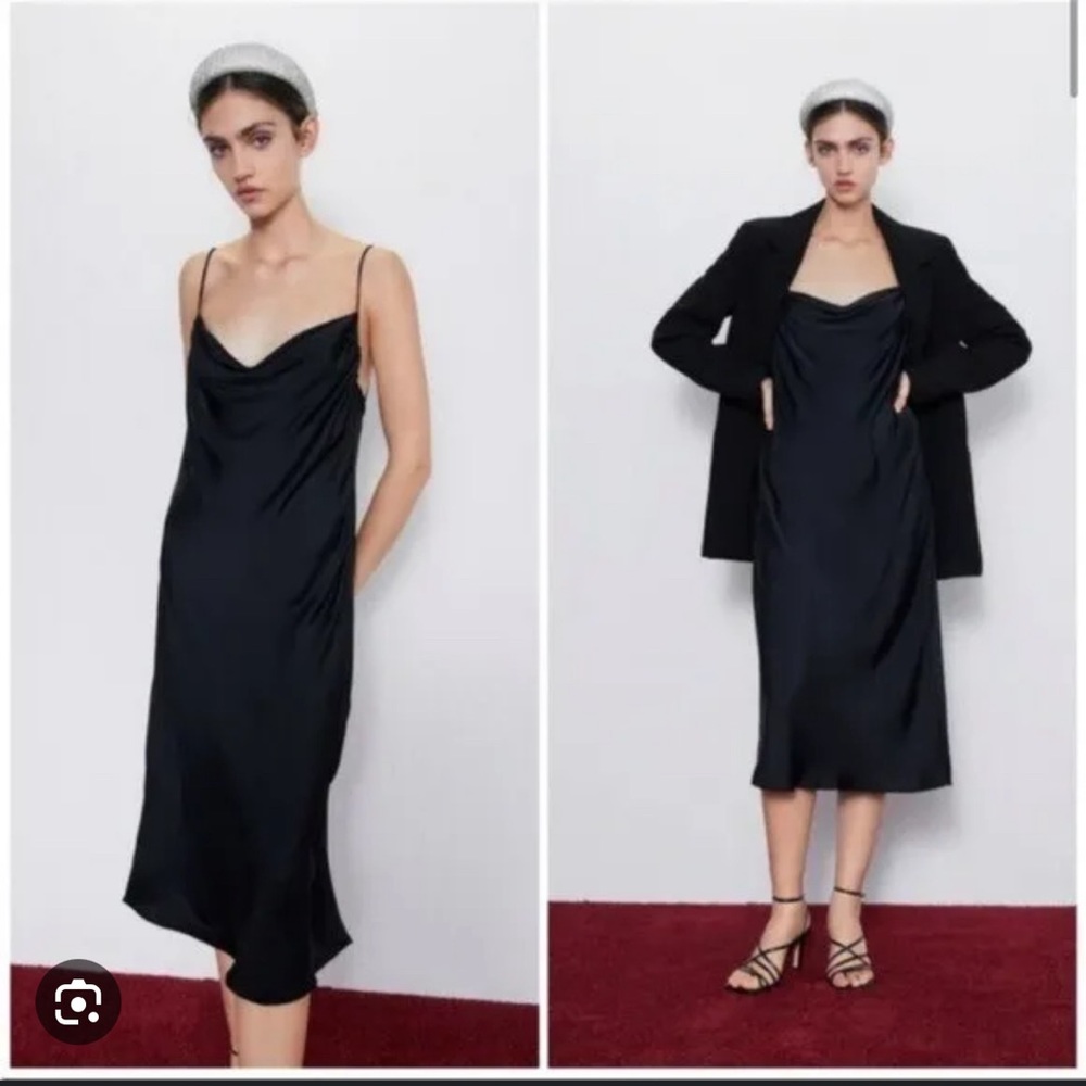 Zara Silk Black Midi Dress with Cowl Neck